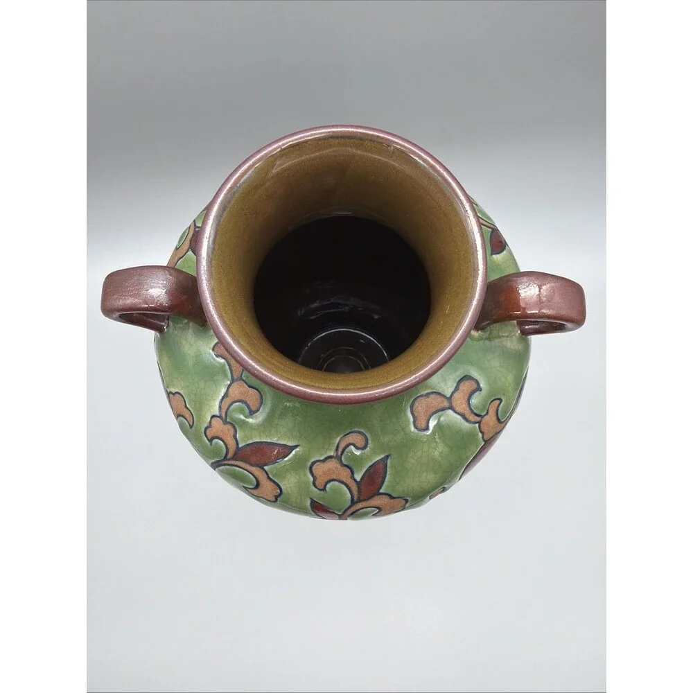 Art Nouveau Pomegranate Green Crackle Glaze Ceramic Vase Chinoiserie Urn 12